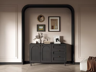 Black Entryway Console Cabinet With Doors Drawers Framed Art Vase On Beige Walls 3d model