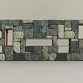 Building Exterior Wall With Stone Construction Gray Green Stones And Wooden Rectangular Openings