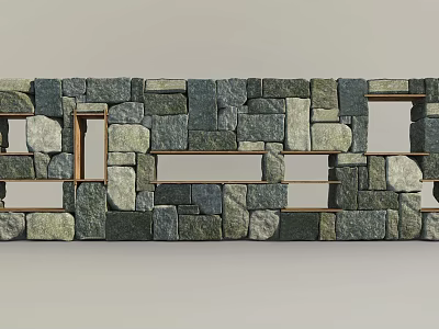 Building Exterior Wall With Stone Construction Gray Green Stones And Wooden Rectangular Openings 3d model