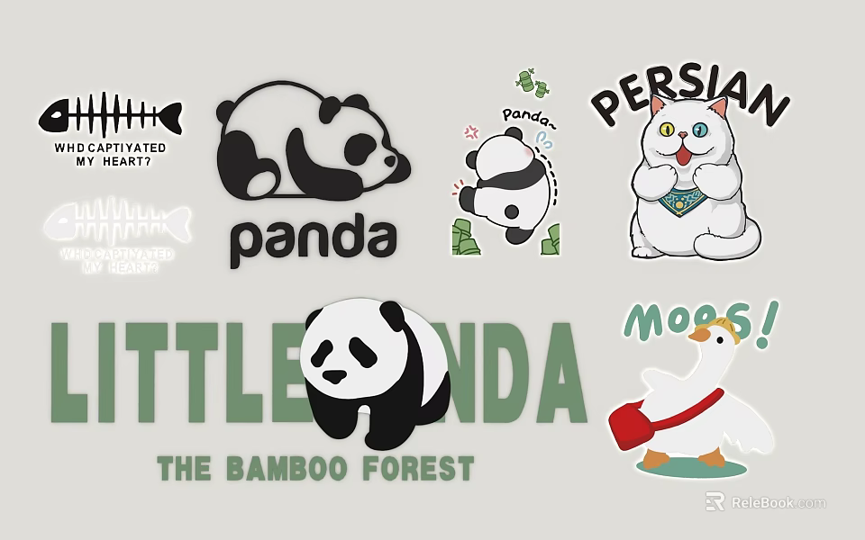 Cartoon Themed Wall Decor With Panda Persian Cat And Bamboo Forest Elements 3d model