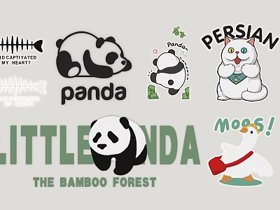 Cartoon Themed Wall Decor With Panda Persian Cat And Bamboo Forest Elements 3d model