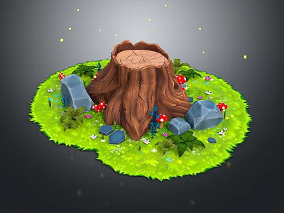 Natural Scene with Tree Stump Green Grass Red Mushrooms Rocks Small Flowers and Glowing Spots 3d model