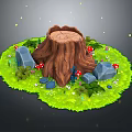 Natural Scene with Tree Stump Green Grass Red Mushrooms Rocks Small Flowers and Glowing Spots