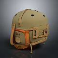 Tactical Military Helmet With Beige Exterior Brown Straps And Ventilation Holes
