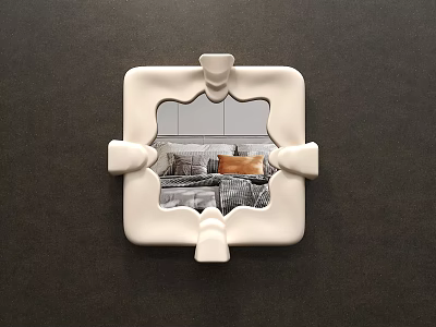 White Square Mirror with Irregular Edges Reflecting Bedroom Bed and Pillows 3d model