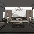 Chinese Style Living Room With Wooden Sofa Coffee Table Chandelier And Landscape Painting