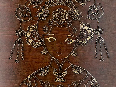Intricate Floral Carving of Lady Figure on Brown Wooden Board with Butterfly and Tassels 3d model