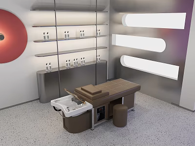 Modern Beauty Salon Shampoo Massage Bed With Stool And Neat Hair Care Product Display Shelves 3d model