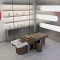 Modern Beauty Salon Shampoo Massage Bed With Stool And Neat Hair Care Product Display Shelves