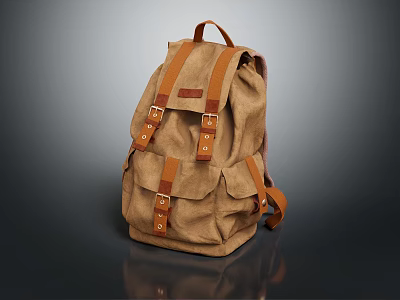 Brown Canvas Backpack with Leather Straps and Multiple Pockets for Everyday Use and Practical Style 3d model