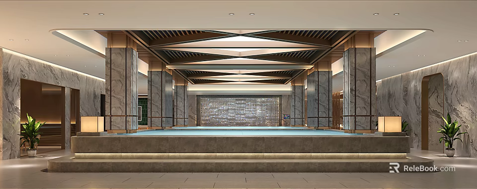 Elegant SPA Sauna Interior With Marble Columns Geometric Ceiling And Pool 3d model 