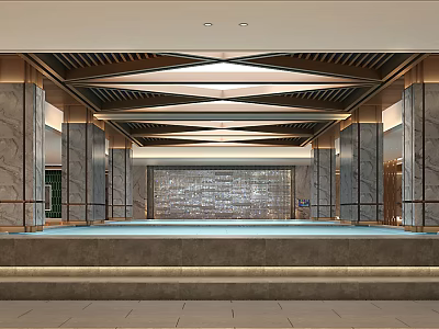 Elegant SPA Sauna Interior With Marble Columns Geometric Ceiling And Pool 3d model