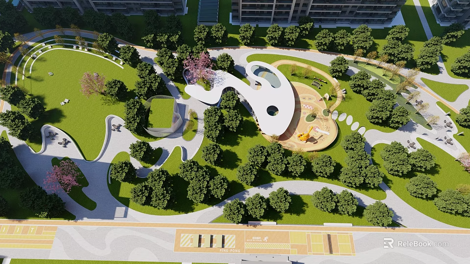 Scenic Residential Landscape with Green Lawns Trees Curved Walking Paths and Circular Leisure Area 3d model 