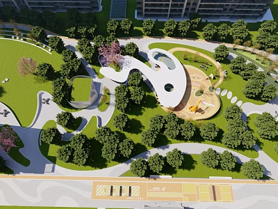 Scenic Residential Landscape with Green Lawns Trees Curved Walking Paths and Circular Leisure Area 3d model
