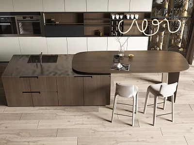 Modern Kitchen Bar With Wooden Countertop White Chairs Cabinets And Appliances 3d model