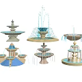 Various Decorative Stone Fountains with Multiple Tiered Designs and Water Features