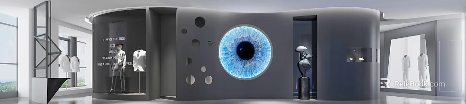 Modern Clothing Store With Giant Blue Eye Art Installation And Gray Interior Design 3d model 