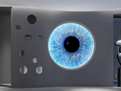 Modern Clothing Store With Giant Blue Eye Art Installation And Gray Interior Design 3d model