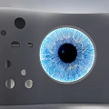Modern Clothing Store With Giant Blue Eye Art Installation And Gray Interior Design