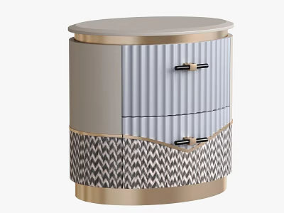 Modern Round Nightstand Featuring Gray Gold Trim Chevron Pattern Drawers 3d model