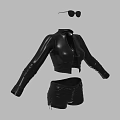 Fashionable Black Leather Jacket And Short Shorts Set With Sunglasses