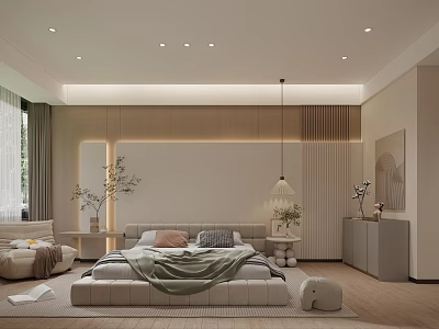 Modern Bedroom Interior Design With Cozy Bed Wooden Headboard And Soft Lighting Decor 3d model