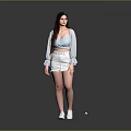 Woman With Long Hair Wearing Light Blue Cropped Top White Distressed Skirt And White Sneakers