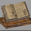 Open Old Book with Illustrations and Text on Wooden Display Stand