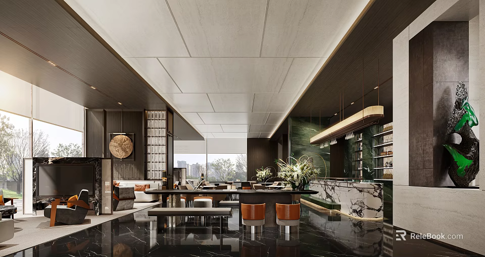 High End Modern Sales Office Interior Design With Marble Decor And Bright Comfortable Lounge Spaces 3d model 