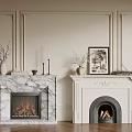 Two Stylish Fireplaces Interior With Marble And White Mantels Decorative Wall Art Vases And Candles