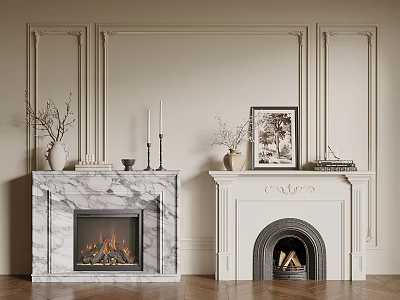 Two Stylish Fireplaces Interior With Marble And White Mantels Decorative Wall Art Vases And Candles 3d model