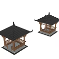 Traditional Chinese Pavilions With Black Tiled Roofs And Wooden Railings