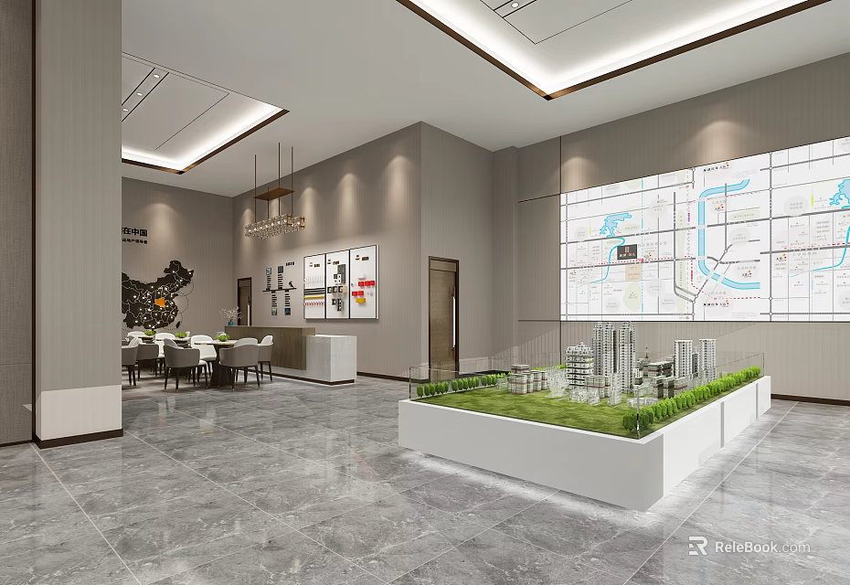 Sales Office Interior Featuring Building Model Large Map Chandeliers And Reception Area 3d model 