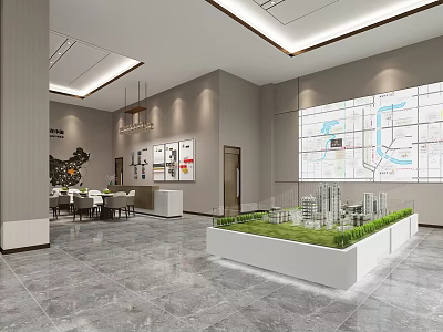 Sales Office Interior Featuring Building Model Large Map Chandeliers And Reception Area 3d model