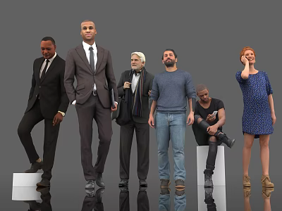Diverse Group of People Standing Sitting With Various Clothing and Poses on Reflective Gray Floor 3d model