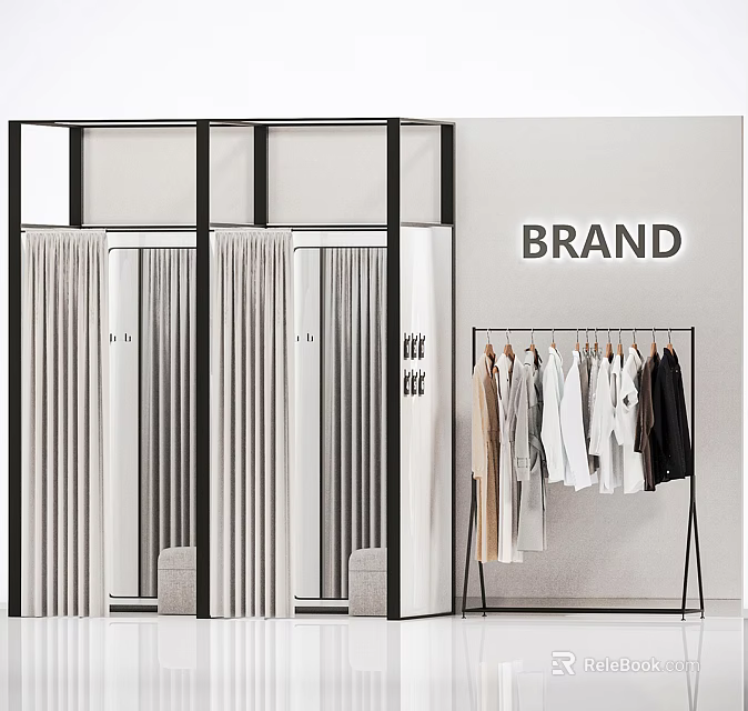 Modern Clothing Store Interior With Brand Sign Hanging Clothes And Fitting Room Curtains 3d model 