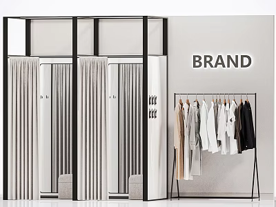 Modern Clothing Store Interior With Brand Sign Hanging Clothes And Fitting Room Curtains 3d model