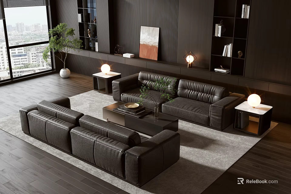 Modern Dark Leather Sofa And Coffee Table Set With Bookshelves City View And Plant 3d model 