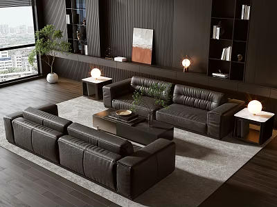 Modern Dark Leather Sofa And Coffee Table Set With Bookshelves City View And Plant 3d model