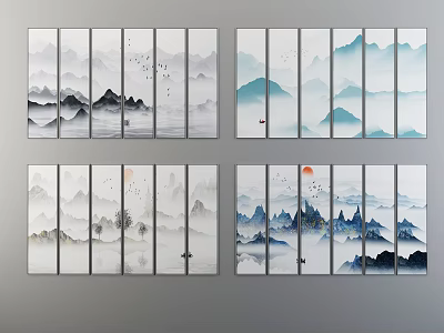 Chinese Landscape Ink Paintings With Mountains Water Birds Boat And Sun In Multiple Panels 3d model