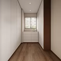 Modern Laundry Storage Area With Washing Machine Refrigerator Wooden Shelves And White Cabinets