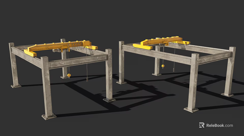 Industrial Heavy Duty Gantry Cranes With Yellow Beams And Gray Supports 3d model 