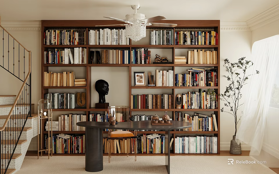 Elegant Home Office with Floor to Ceiling Bookshelves Wooden Desk Crystal Chandelier and Potted Plant 3d model 