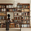Elegant Home Office with Floor to Ceiling Bookshelves Wooden Desk Crystal Chandelier and Potted Plant