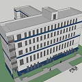Modern Blue and White Multi storey Building with Lawn and People Walking