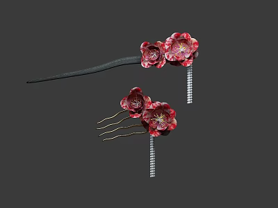 Red Flower Shaped Hair Jewelry With Elegant Floral Design And Metal Pins 3d model