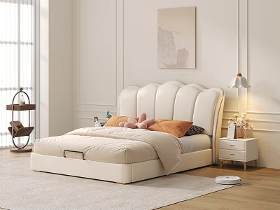 White Double Bed with Curved Upholstered Headboard Colorful Pillows Bedside Table and Lamp 3d model