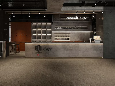 Modern Cafe Interior Design With Concrete Front Counter Shelves And Warm Lighting 3d model