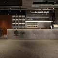 Modern Cafe Interior Design With Concrete Front Counter Shelves And Warm Lighting