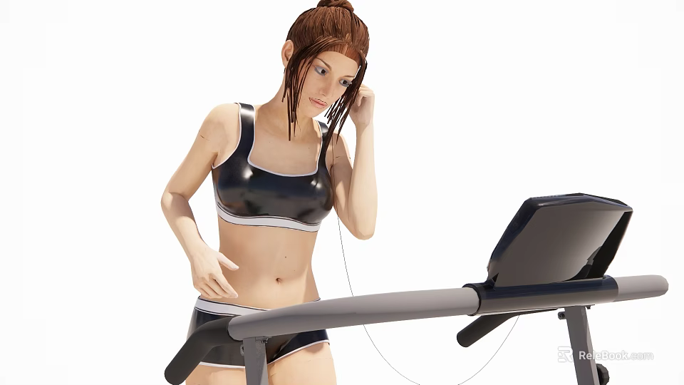 Woman Running On Treadmill In Tight Black Sportswear With Headphones 3d model 